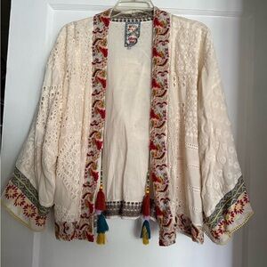 Johnny Was Embroidered Ivory Boho Kimono Jacket with Tassels